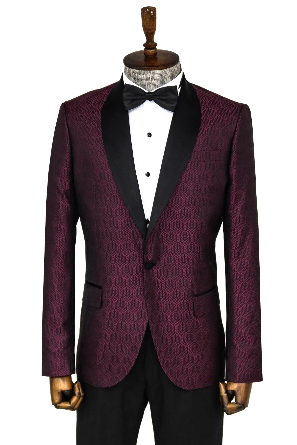 WSS Pentagon Patterned Shawl Lapel Burgundy Men Prom Blazer  - Singen