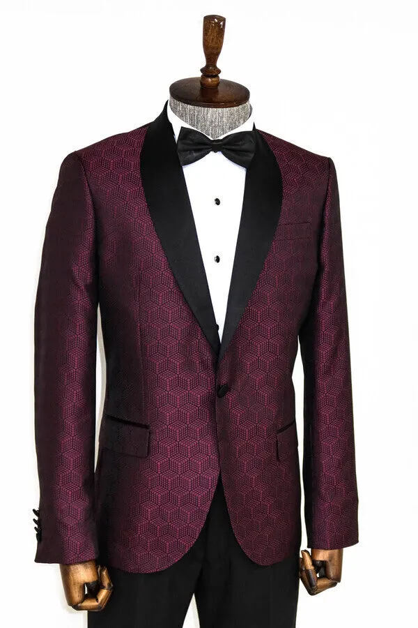 WSS Pentagon Patterned Shawl Lapel Burgundy Men Prom Blazer  - Singen