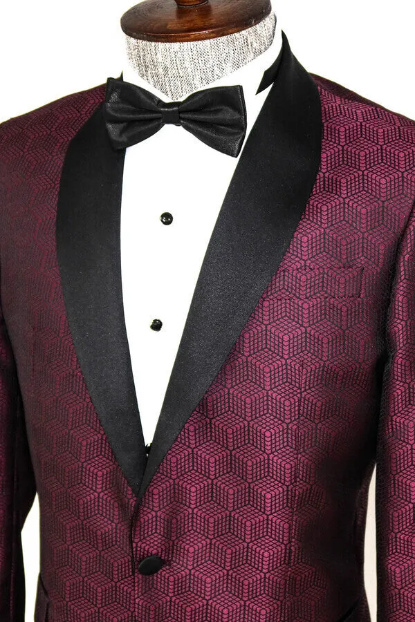 WSS Pentagon Patterned Shawl Lapel Burgundy Men Prom Blazer  - Singen
